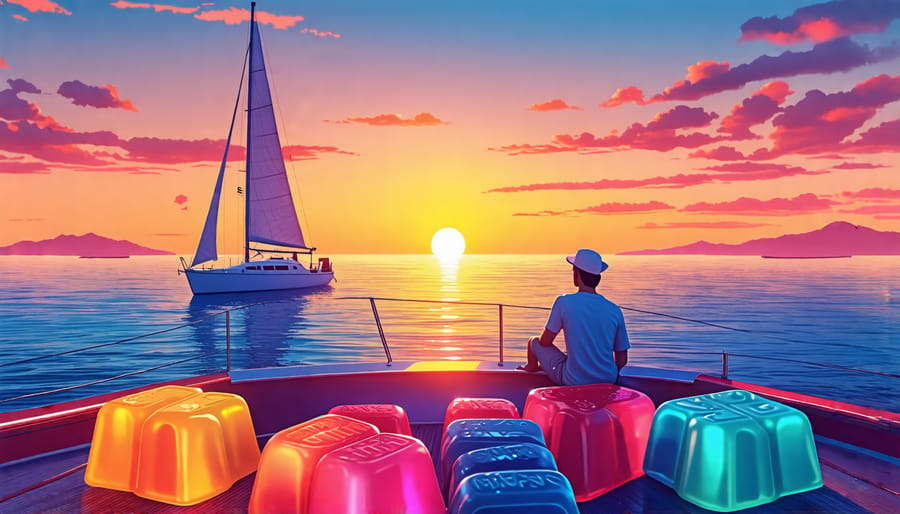 A peaceful sailor enjoying a calm moment on a boat deck with a colorful display of THC gummies and a sunset in the background, illustrating the relaxation benefits for sailors.