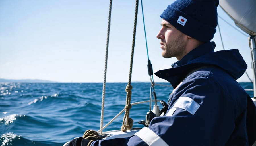 Sailor demonstrating concentration while steering a sailboat in Canadian waters