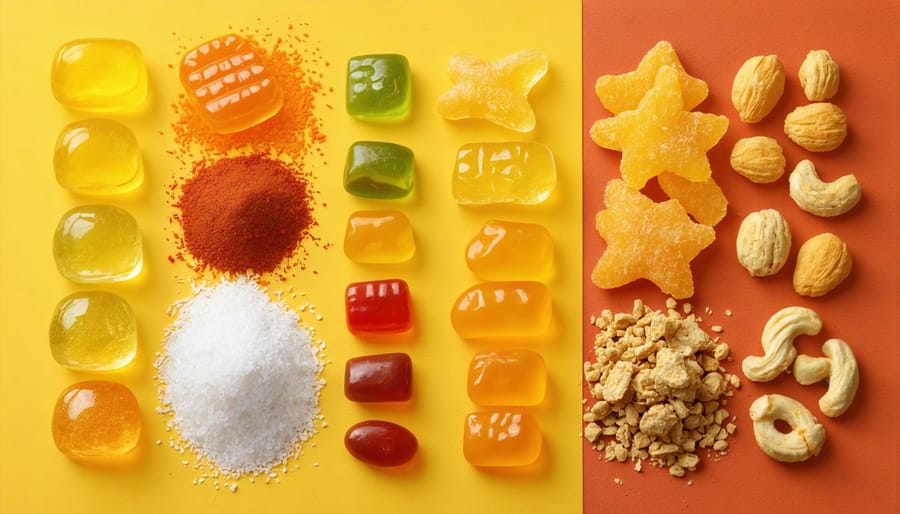 A selection of freeze-dried foods including colorful candies, demonstrating storage solutions