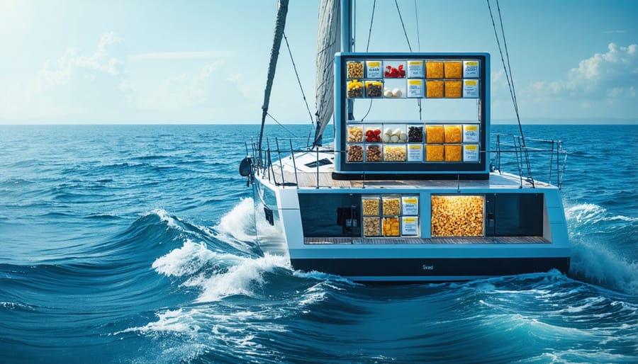 A sailboat at sea with visible storage of various freeze-dried food provisions