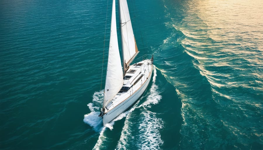 A conceptual image of a sailboat gracefully navigating Canadian waters, with kratom leaves forming part of the serene ocean waves, symbolizing enhanced focus and clarity through natural means.