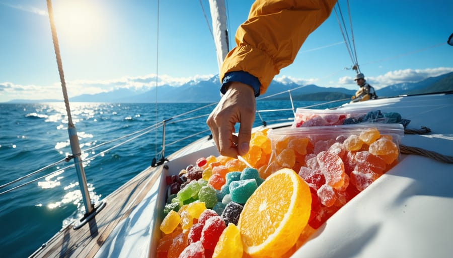 A sailor reaching into a storage compartment on a sailboat, revealing an array of colorful freeze-dried candies and provisions, with a backdrop of open water and clear skies.