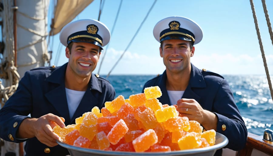 Sailors on deck enjoying freeze-dried candy, boosting morale and camaraderie