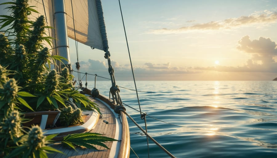 Conceptual image of a sailboat interwoven with cannabis leaves against a serene sunset backdrop, symbolizing relaxation and harmony.