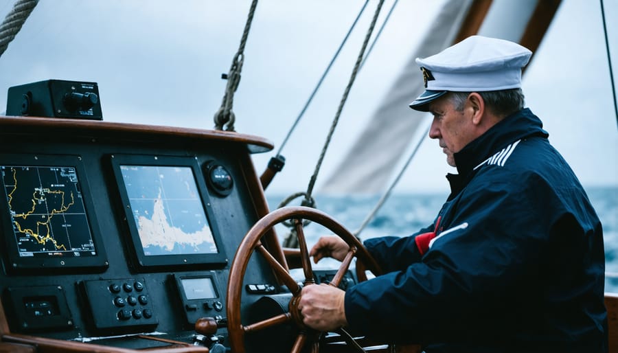 Concentrated sailor monitoring navigation equipment at yacht helm during rough seas