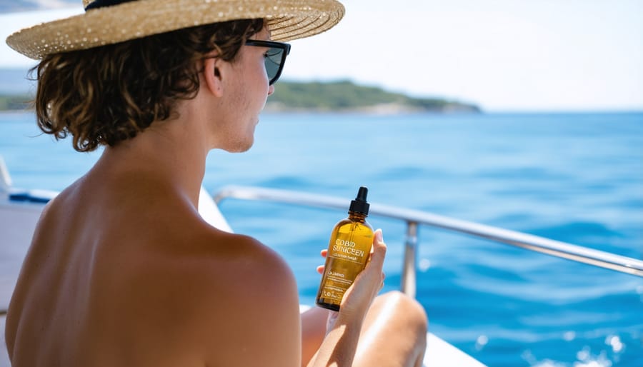 Sailor applying marine-friendly CBD sunscreen protection on deck