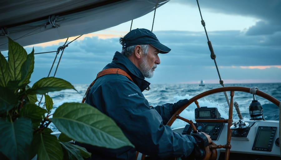 Experienced sailor concentrating on navigation instruments at yacht helm during a challenging twilight, with symbolic kratom leaf elements subtly integrated into the scene.